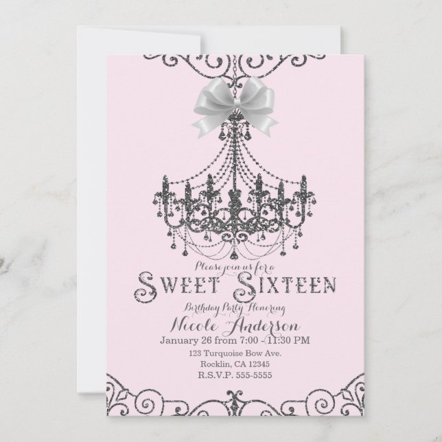 Light Blush Pink Silver White Bow Sweet 16 Sechzeh Einladung (Vorderseite)