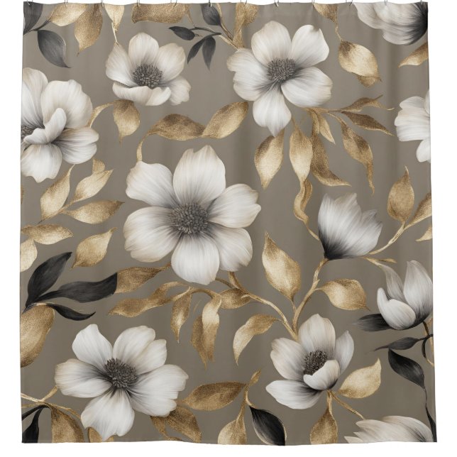 Light Brown Gold Schwarz-weiß Floral Duschvorhang (Vorderseite)