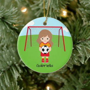 Light Brown Haaired Soccer Girl Christmas Keramik Ornament