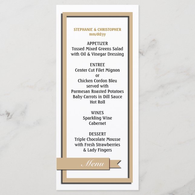 Light Brown Ribbon Wedding Menu / Programm (Vorderseite)