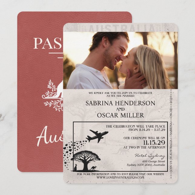 Light Burgundy Australia Passport Wedding Einladung (Vorne/Hinten)