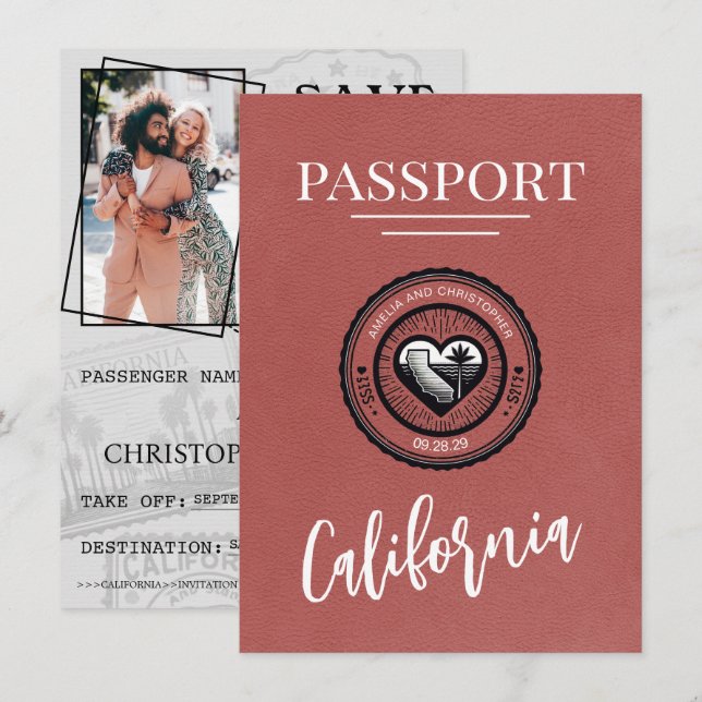 Light Burgundy California Passport Save The Date (Vorne/Hinten)