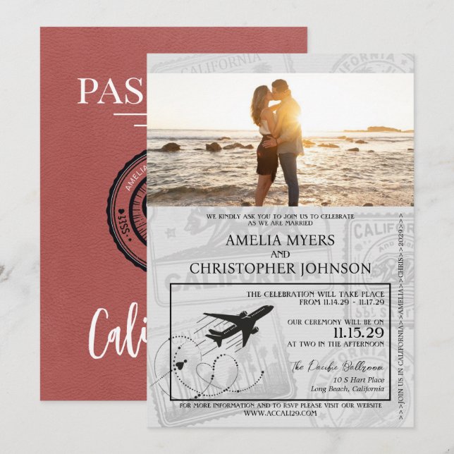 Light Burgundy California Passport Wedding Einladung (Vorne/Hinten)