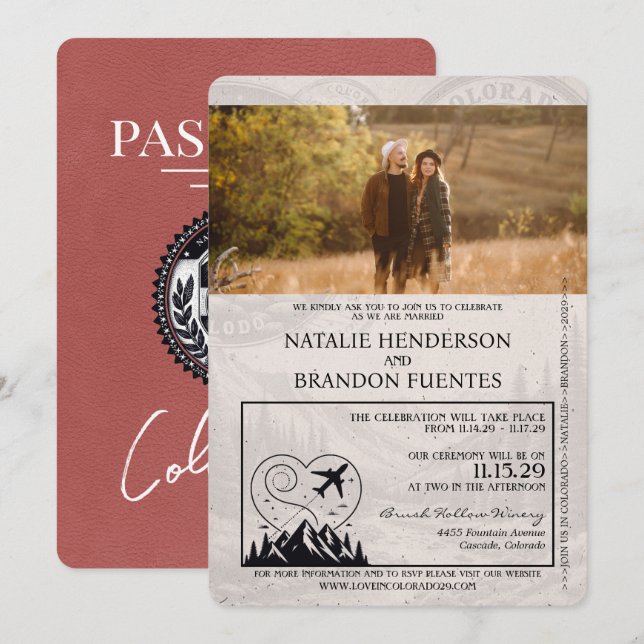Light Burgundy Colorado Passport Wedding Einladung (Vorne/Hinten)