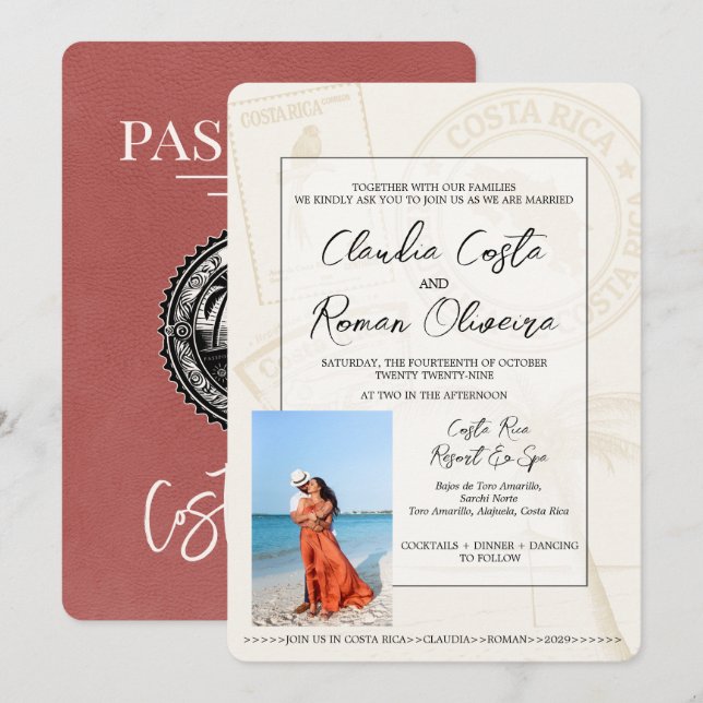 Light Burgundy Costa Rica Passport Wedding Einladung (Vorne/Hinten)