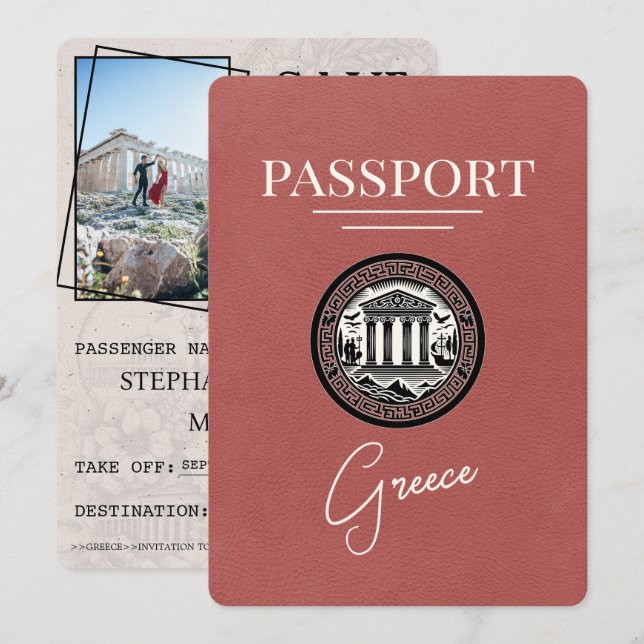 Light Burgundy Greece Passport Save the Date Card (Vorne/Hinten)