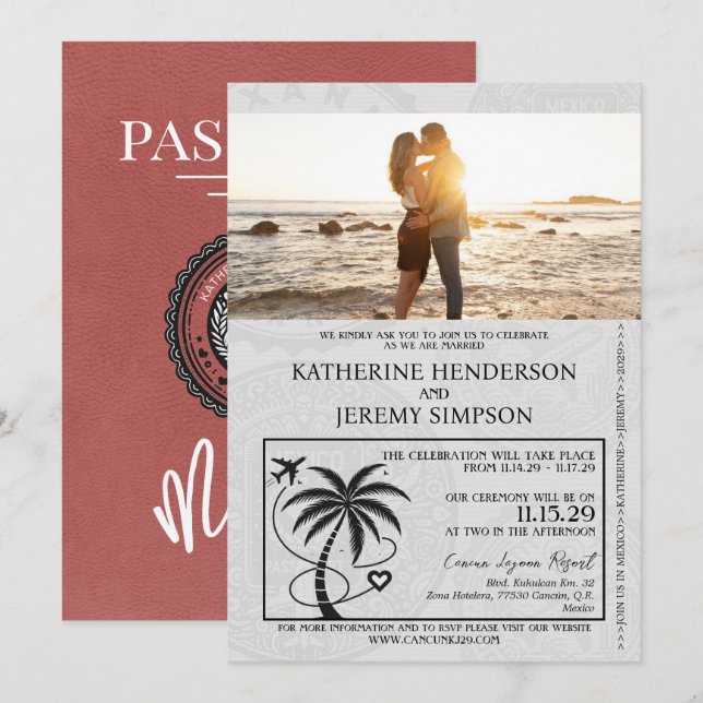 Light Burgundy Mexico Passport Hochzeit Einladung (Vorne/Hinten)