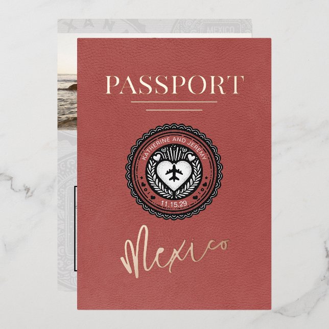 Light Burgundy Mexico Passport Hochzeit Folieneinladung (Vorderseite/Rückseite)