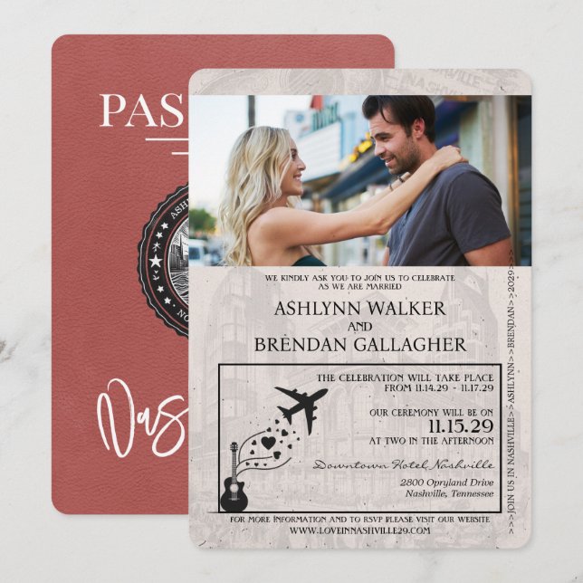 Light Burgundy Nashville Passport Wedding Einladung (Vorne/Hinten)