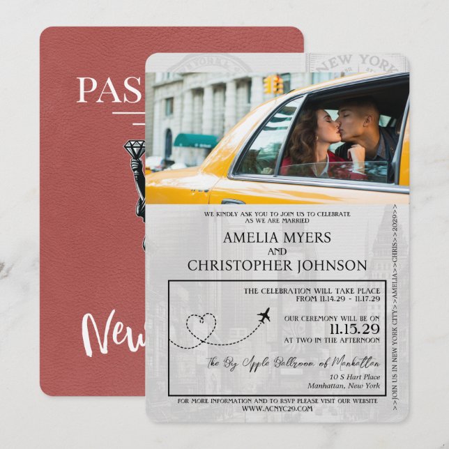 Light Burgundy New York City Passport Wedding Einladung (Vorne/Hinten)