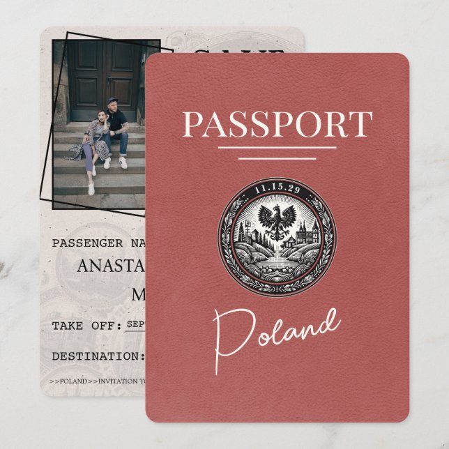 Light Burgundy Poland Passport Save the Date (Vorne/Hinten)
