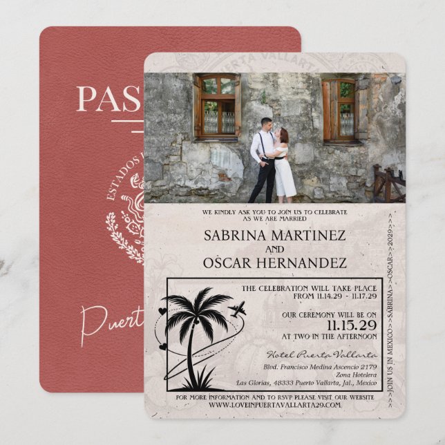 Light Burgundy Puerta Vallarta Passport Wedding Einladung (Vorne/Hinten)