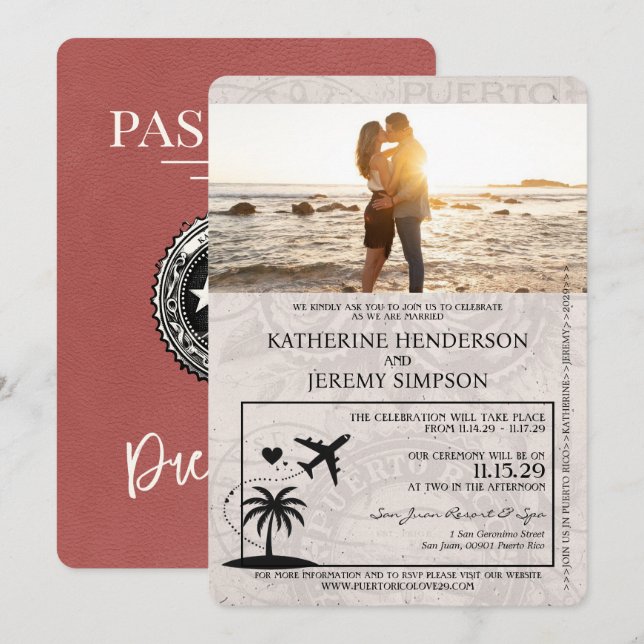 Light Burgundy Puerto Rico Passport Wedding Einladung (Vorne/Hinten)