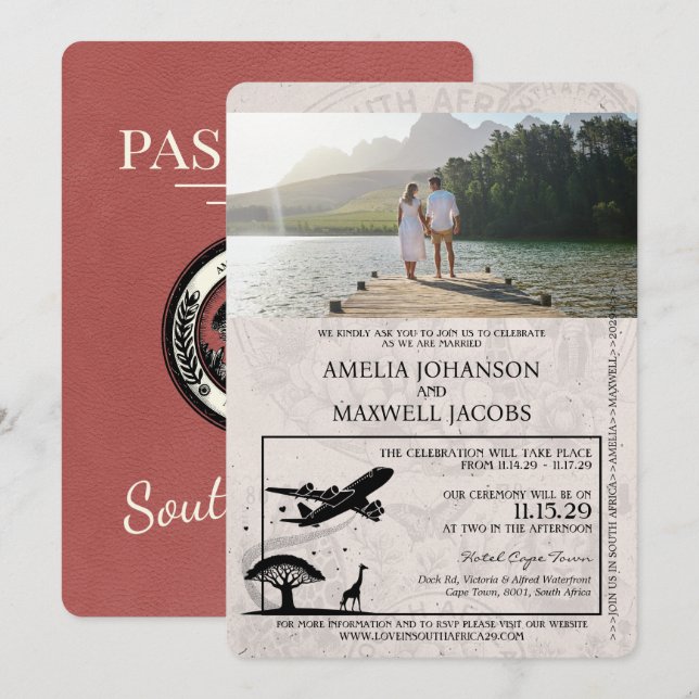 Light Burgundy South Africa Passport Wedding Einladung (Vorne/Hinten)