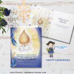 Light Candles Watercolor Happy Hanukkah Karte<br><div class="desc">Diese hübsche Aquarellenkarte mit elegantem, weißem Hanukkah-KARTE, gediegenblauen Farbtönen und gelb-weißen Lichtern, besticht durch eine wunderschön gearbeitete Kerze mit Blume an der Seite. Das ist ein originelles und einzigartiges Design, das von Hand bemalt wurde. Der gesamte Text ist leicht anpassbar. Egal ob Ihr Hanukah Party für Kinder, Erwachsene oder Familien...</div>