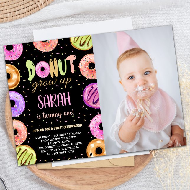 Light Colors Black Foto Donut Birthday Einladung (Light Colors Black Photo Donut Birthday Invitation)