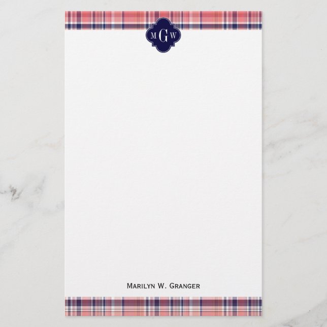 Light Coral Navy Welpe Madras Monogram Briefpapier (Vorderseite)