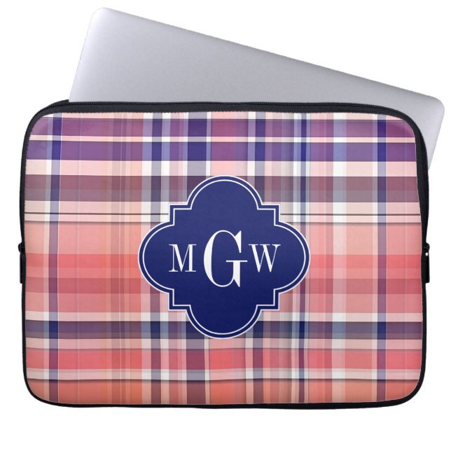 Light Coral Navy Welpe Madras Monogram Laptopschutzhülle (Vorderseite)
