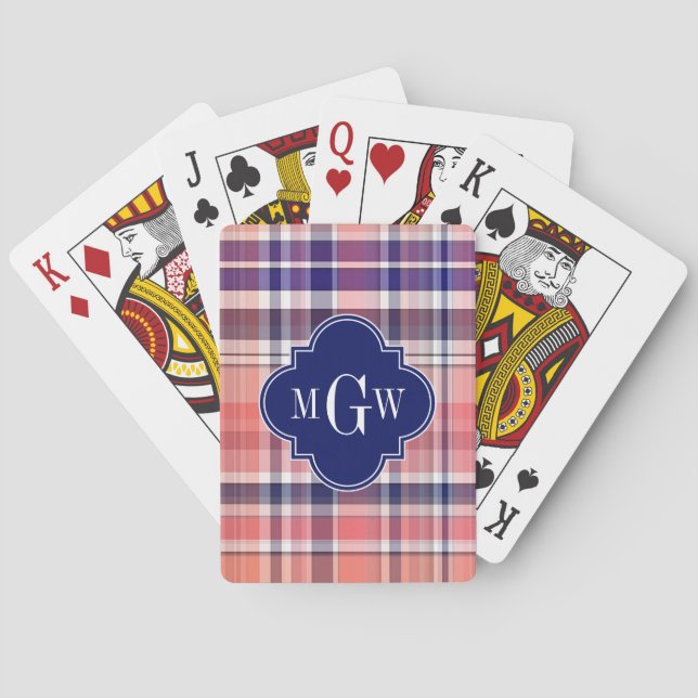 Light Coral Navy Welpe Madras Monogram Spielkarten (Rückseite)