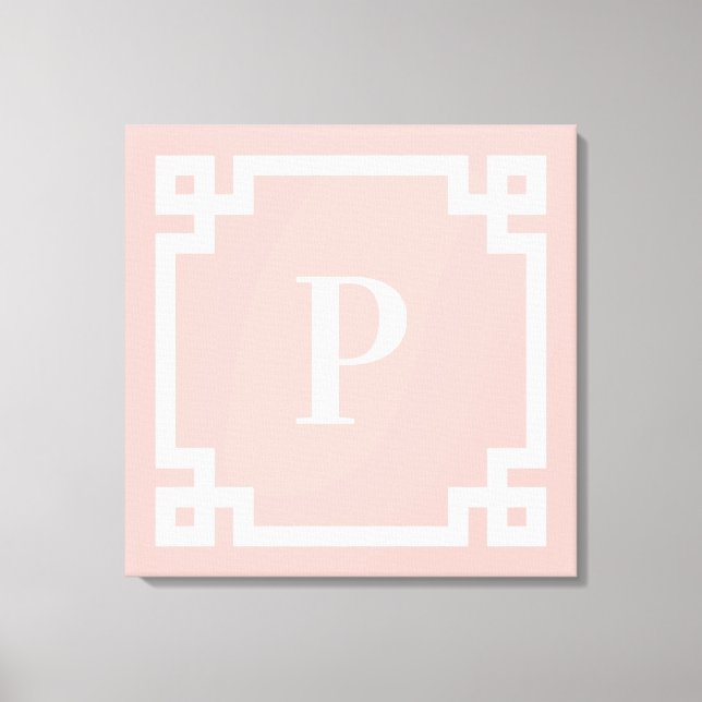 Light Coral Pink White Greece Key Border Monogram Leinwanddruck (Vorderseite)
