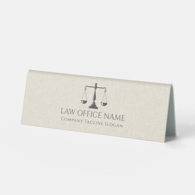 Light Cream & Black Linen Justice Scale Tischaufsteller (Vorderseite)