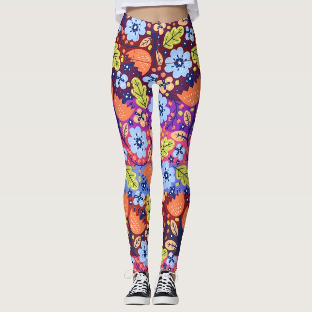 Light Dark Blue White Green Floral Art Weihnachten Leggings (Vorderseite)