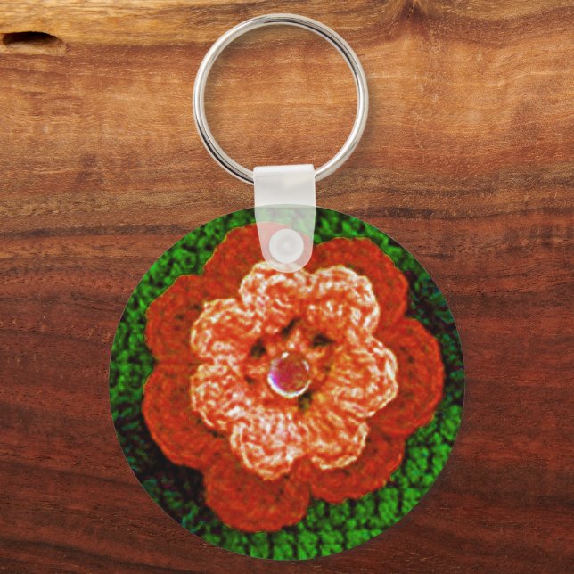 Light Dunkel Orange Blume Green Crochet Print on Schlüsselanhänger (Vorderseite)