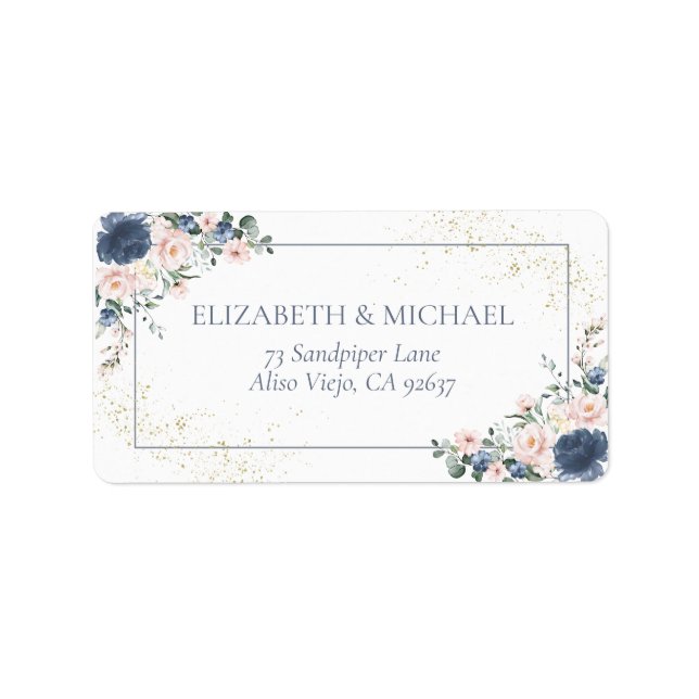 Light Dusty Blue Blush Pink Gold Floral Adresse Adressaufkleber (Vorne)