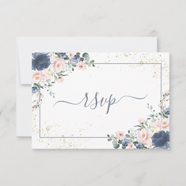 Light Dusty Blue Blush Pink Gold Floral UAWG RSVP Karte (Vorderseite)