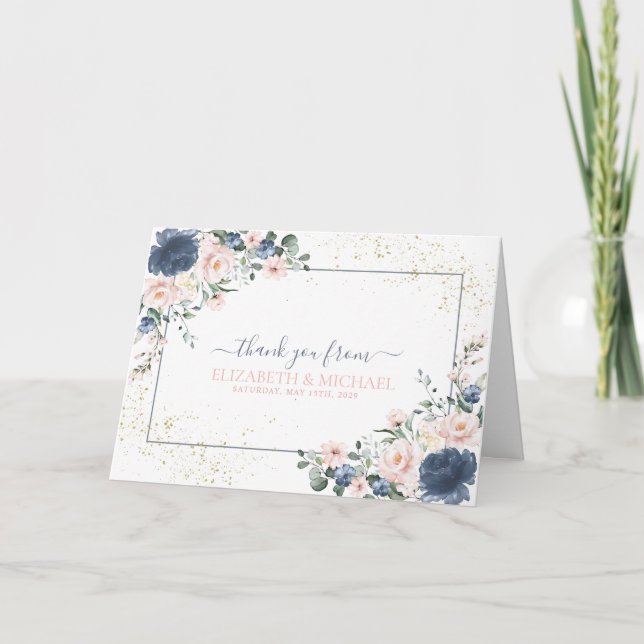 Light Dusty Blue Blush Pink Gold Floral Vielen Dan Karte (Vorderseite)