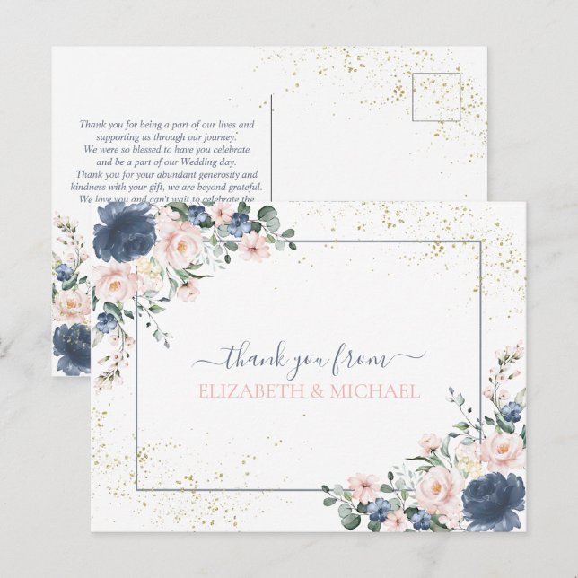 Light Dusty Blue Blush Pink Gold Floral Vielen Dan Postkarte (Vorne/Hinten)