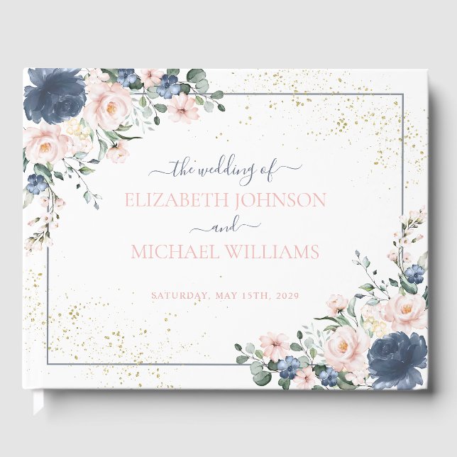 Light Dusty Blue Blush Pink Gold Floral Wedding Gästebuch (Vorderseite)
