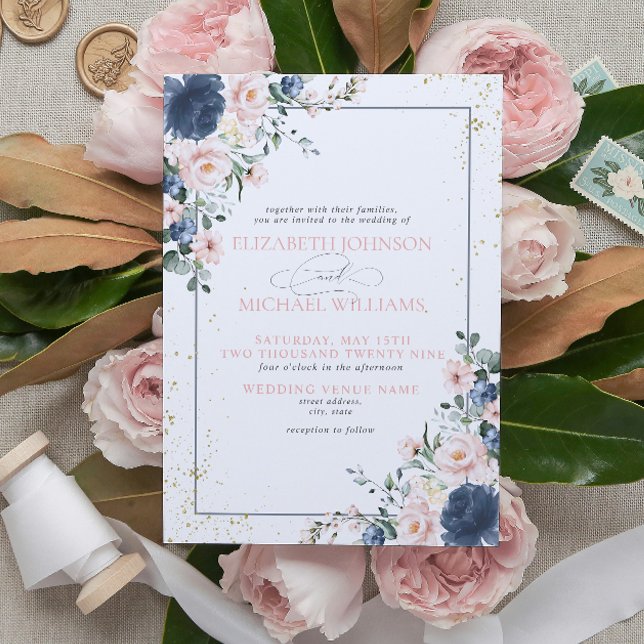Light Dusty Blue Blush Pink Gold Floral Wedding In Einladung (Von Creator hochgeladen)