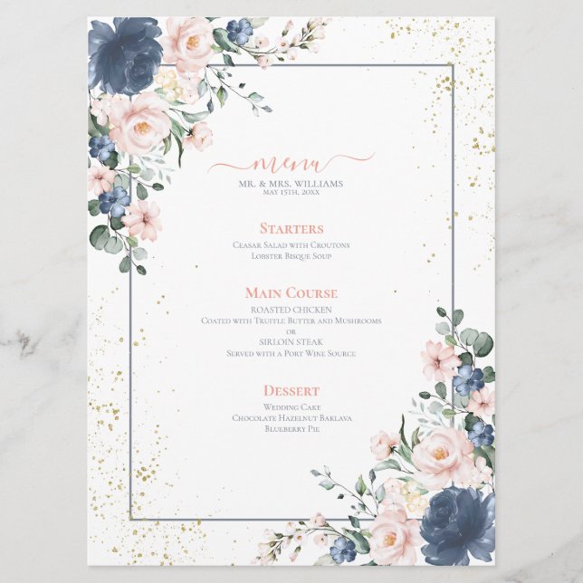 Light Dusty Blue Blush Pink Gold Floral Wedding Menükarte (Vorderseite)