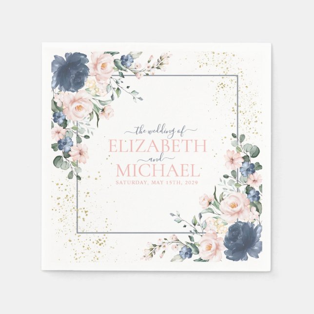 Light Dusty Blue Blush Pink Gold Floral Wedding Serviette (Vorderseite)