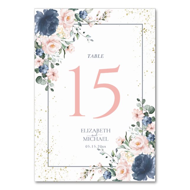 Light Dusty Blue Blush Pink Gold Floral Wedding Tischnummer (Vorderseite)