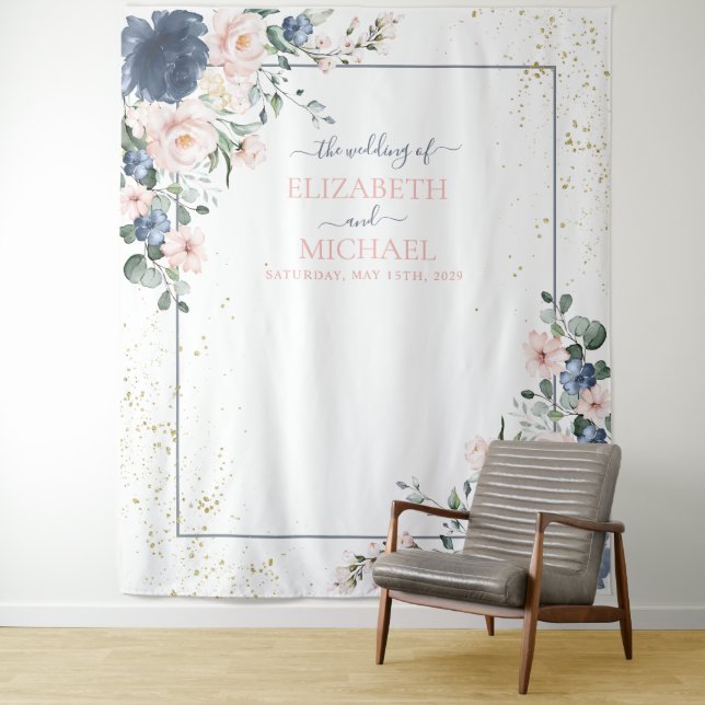 Light Dusty Blue Blush Pink Gold Floral Wedding Wandteppich (Beispiel)