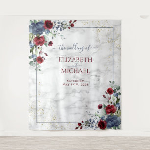 Light Dusty Blue Burgundy Floral Gold Wedding Wandteppich