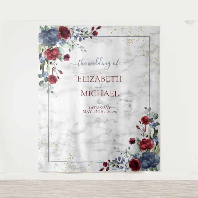 Light Dusty Blue Burgundy Floral Gold Wedding Wandteppich (Vorderseite)