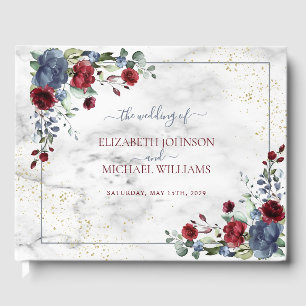 Light Dusty Blue Burgundy Floral Postcard Wedding Gästebuch