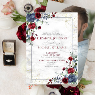 Light Dusty Blue Burgundy Foto Wedding Einladung