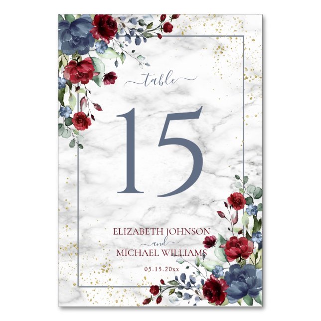 Light Dusty Blue Burgundy Foto Wedding Tischnummer (Vorderseite)