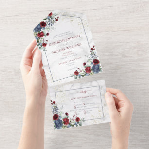 Light Dusty Blue Burgundy Gold Floral Wedding All In One Einladung