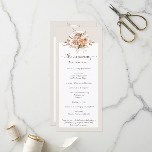 Light Earth Tone Floral Rustic Boho Wedding Party Programm (Vorderseite/Rückseite Beispiel)
