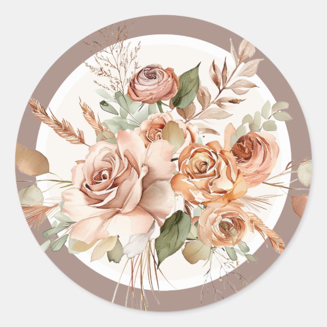 Light Earth Tone Floral Rustikales Boho Wasserfarb Runder Aufkleber (Vorderseite)