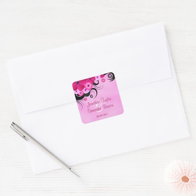 Light Fuchsia Floral Save the Date Gefallen Sticke Quadratischer Aufkleber (Umschlag)