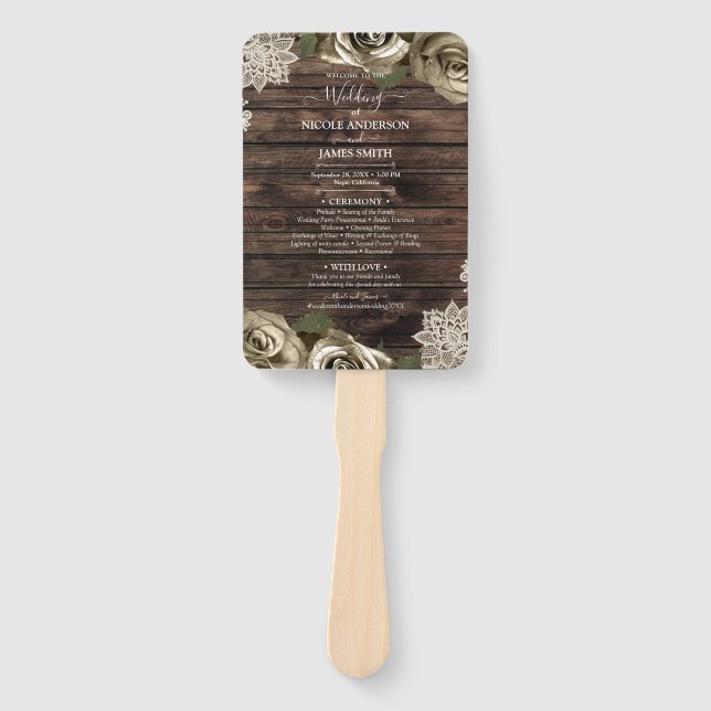 Light Gold Glam Rose Rustic Wood Lace Wedding Fächer (Vorderseite)