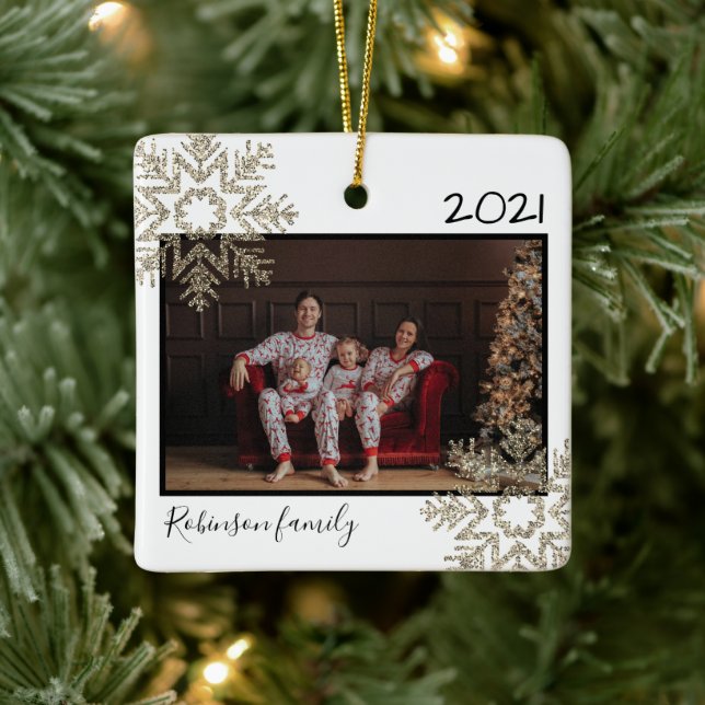Light Gold Glitzern Snowflake Family White Keramikornament (Baum)
