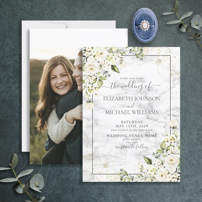 Light Gray White Floral Gold Script Foto Hochzeit Einladung (Von Creator hochgeladen)