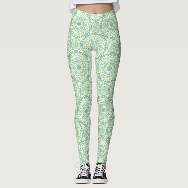 Light Green Abstrakt Mandala Leggings (Vorderseite)